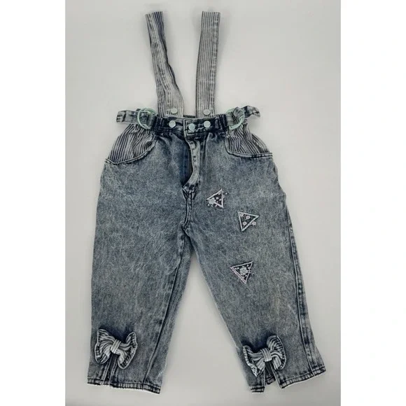 80sVintage Denim Overalls Kids 3T Acid Wash Happy Kids Embroidered Bows Cuffs - Picture 1 of 11